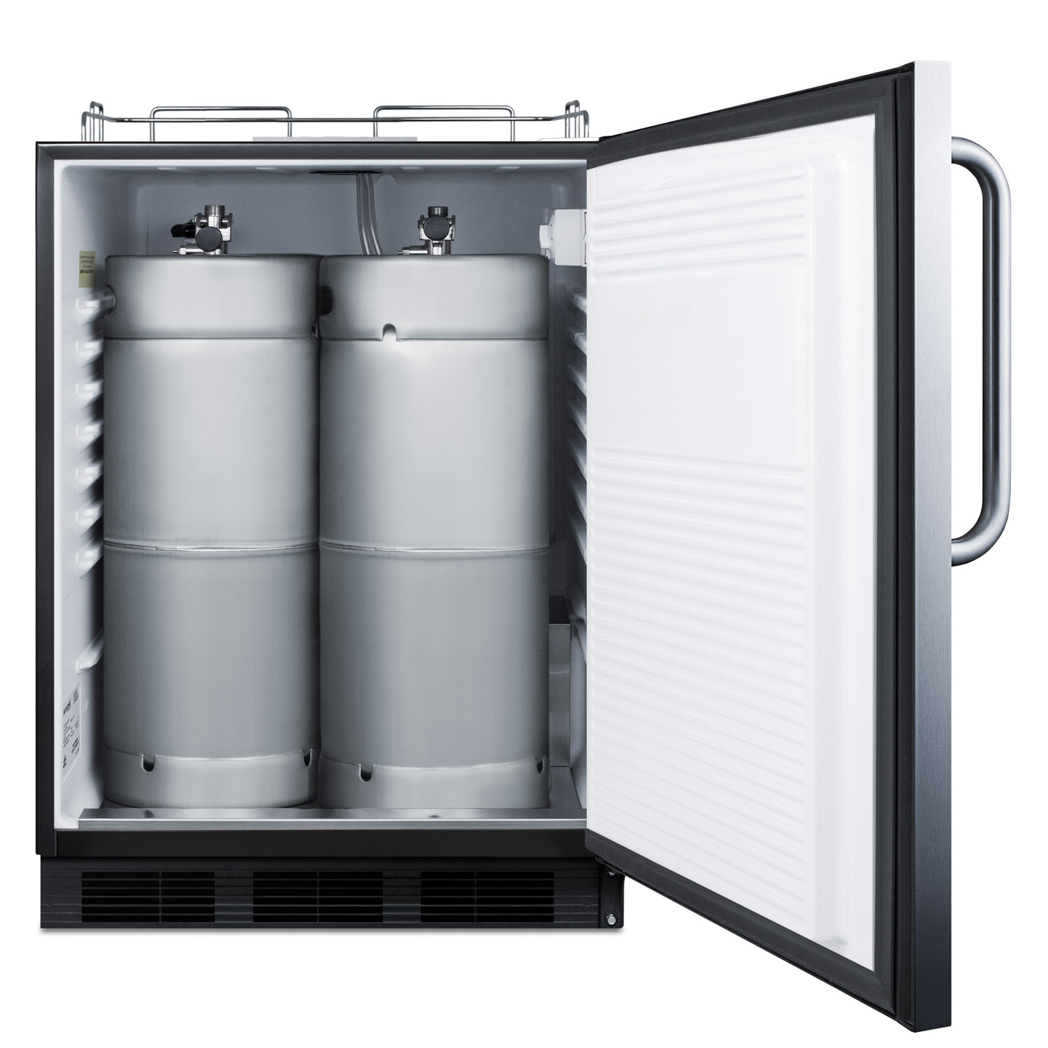 Built-in undercounter ADA height commercially listed kegerator in stainless steel for outdoor use, tap kit not included